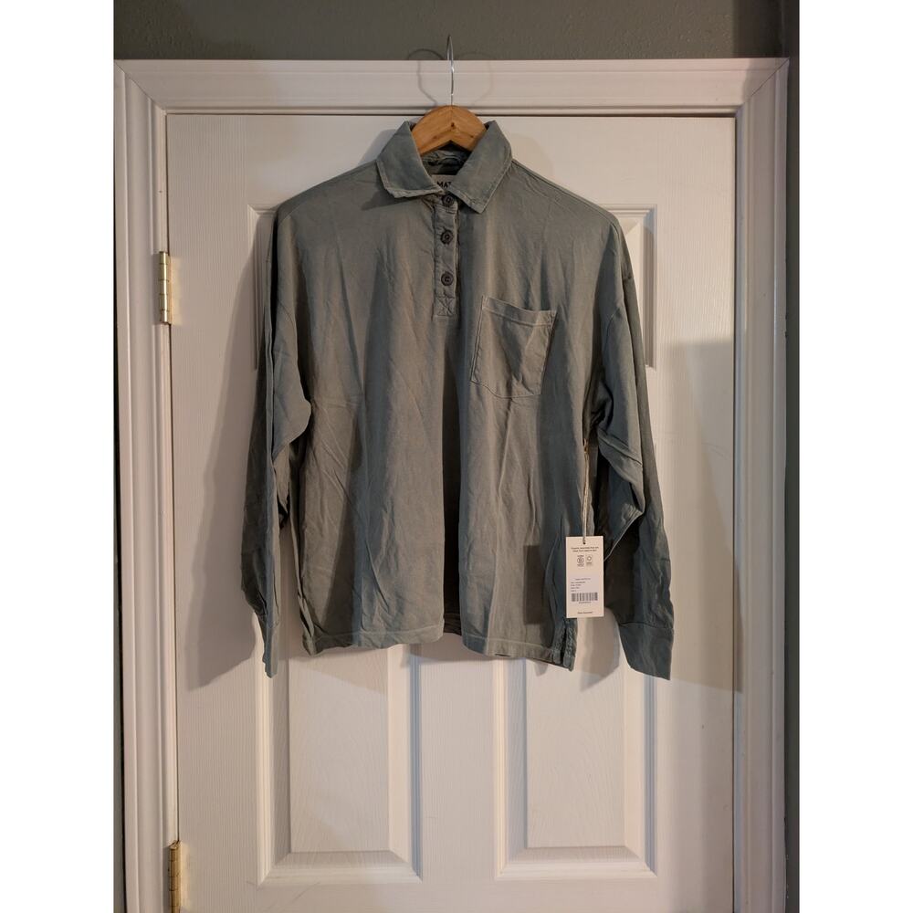 MATE The Label Organic Cotton Polo Tee Shirt Long Sleeve Forest S NWT